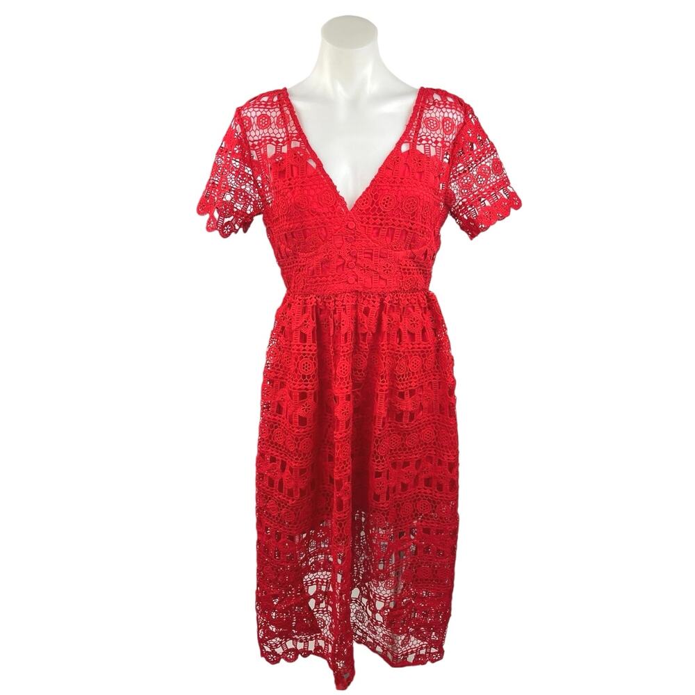 o.p.t Women's Red V-Neck Short Sleeve Back Zipper Lace Fit & Flare Midi Dress S